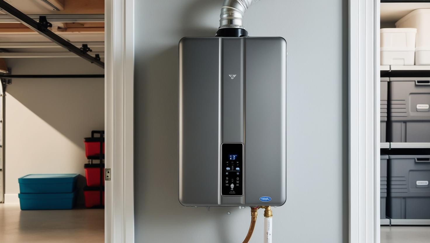 Tankless Water Heater in a garage in Murrieta, CA.